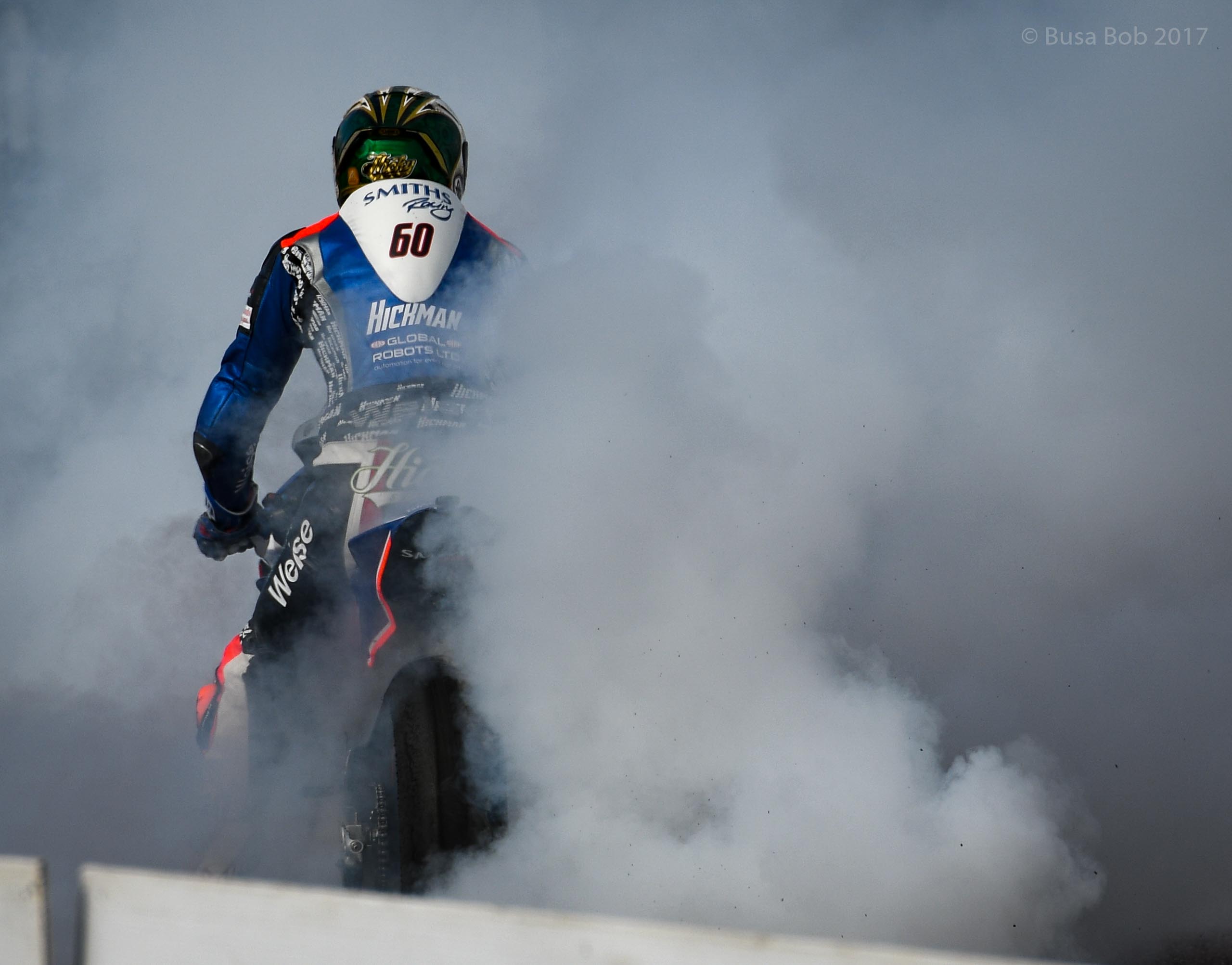 Hicky doing a burn out at Thruxton to celebrate his first BSB win for Smith's Racing (of Gloucestershire) credit Bob Annakin