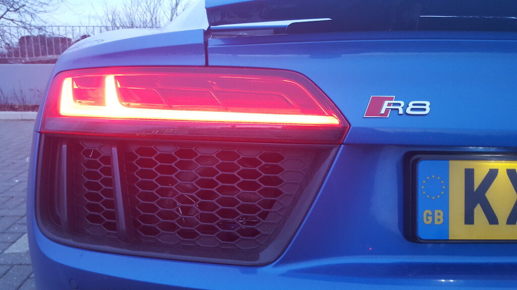 Close up view of the R8 rear, with brake light on