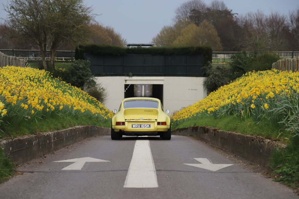 The yellow Porsche surrounded by yellow flowers