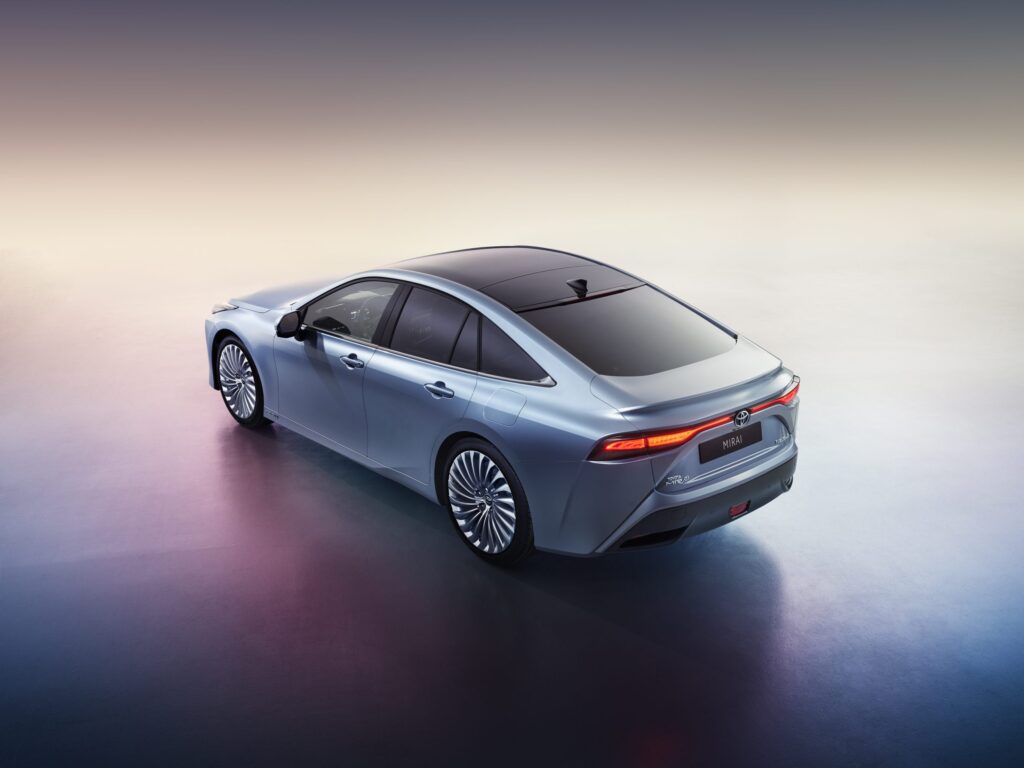 A high rear view of the Mirai